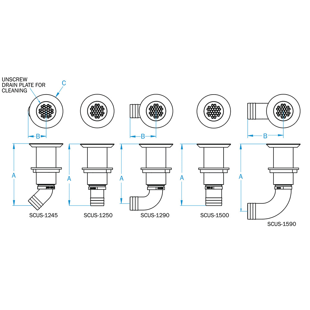 GROCO 1-1/4" Hose Barb Stainless Straight Deck Drain  [SCUS-1250]